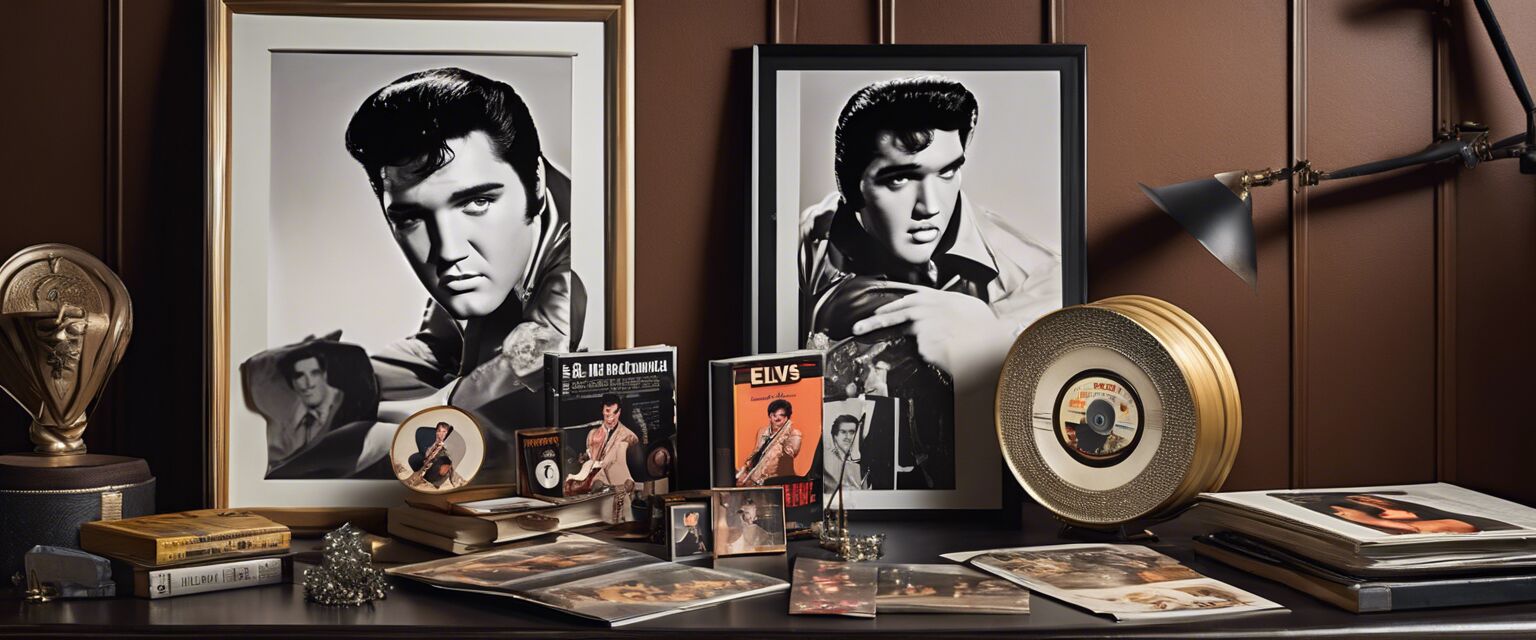 Display of Elvis Presley memorabilia, books, and magazines